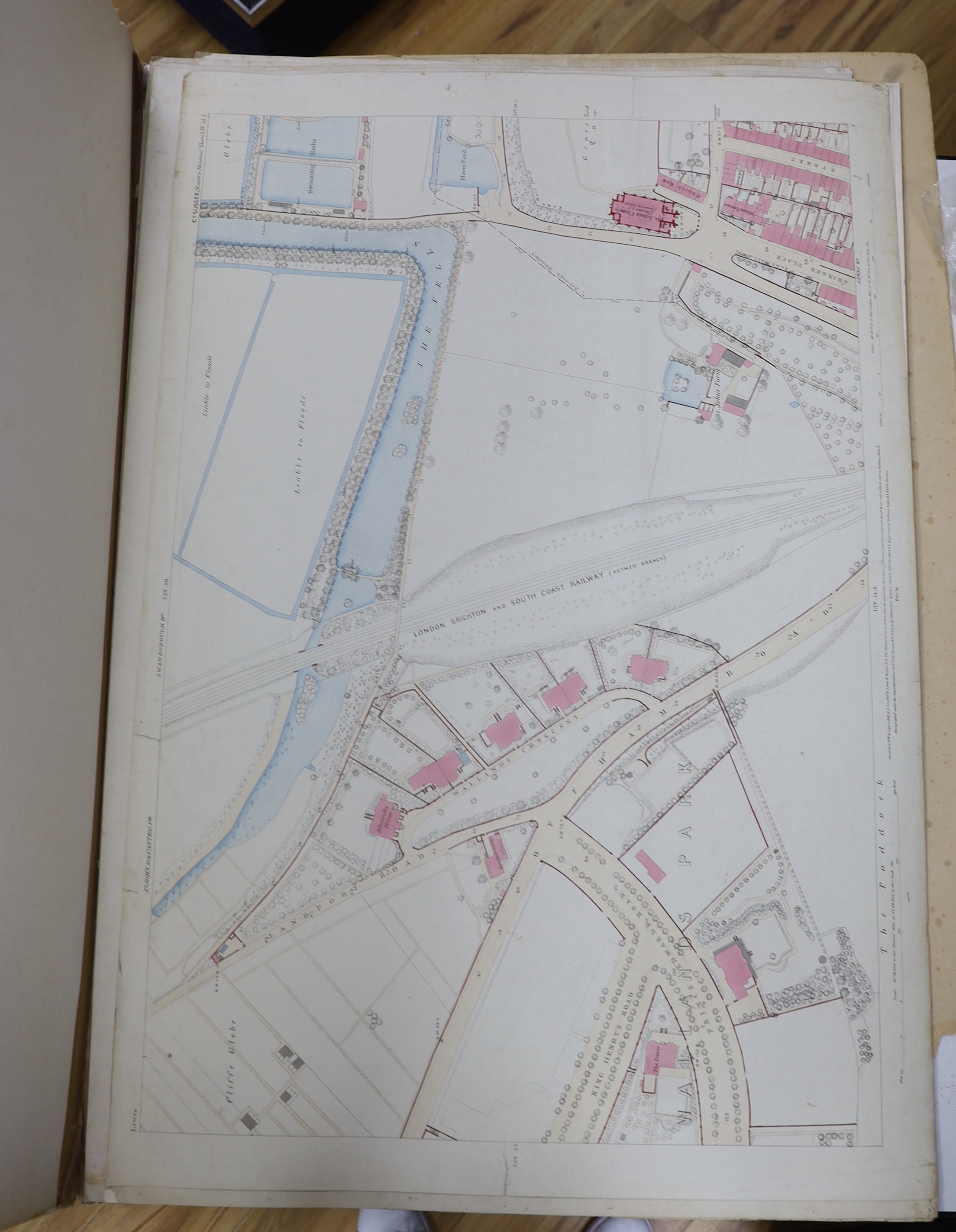 A folio of 13 Ordnance Survey maps of Lewes, East Sussex 1-500 scale, surveyed in 1874 by Lieut. R.E. Hill